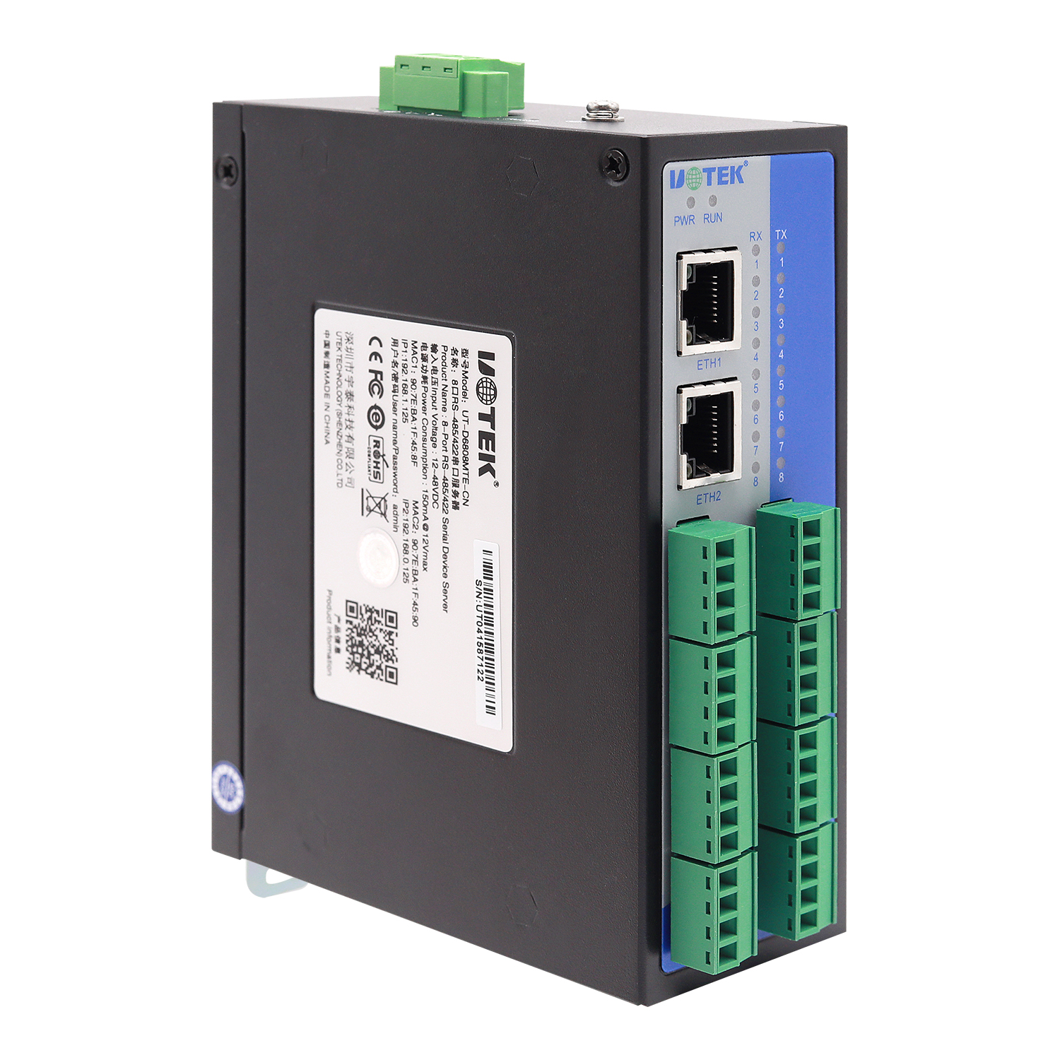 導軌式8口RS-485/422 串口服務器